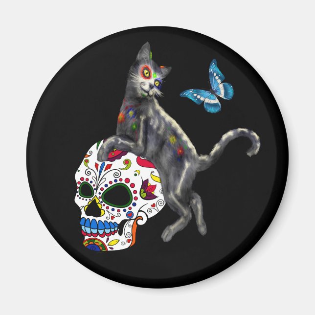 Day Of The Dead Cat Sugar Skull And Butterfly Magnet (Front)