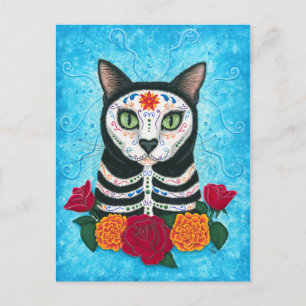 Day of the Dead Cat Sugar Skull Art Postcard
