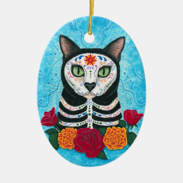 Day of the Dead Cat Sugar Skull Cat Art Ceramic Ornament (Front)