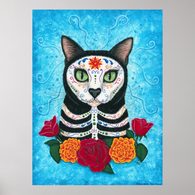 Day of the Dead Cat, Sugar Skull Cat Art Poster (Front)