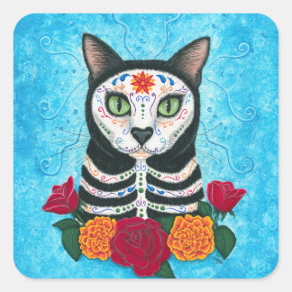 Day of the Dead Cat Sugar Skull Cat Art Square Sticker