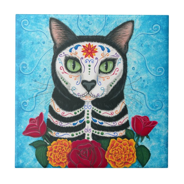 Day of the Dead Cat, Sugar Skull Cat Art Tile (Front)