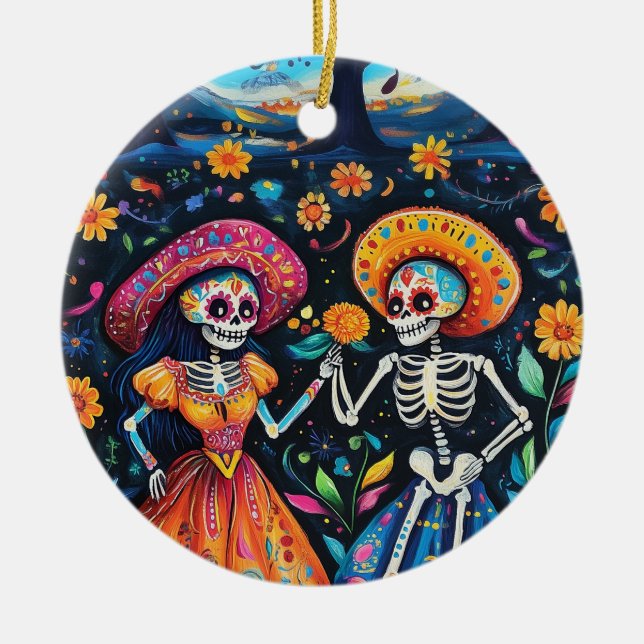Day of the dead colorful design ceramic ornament (Front)