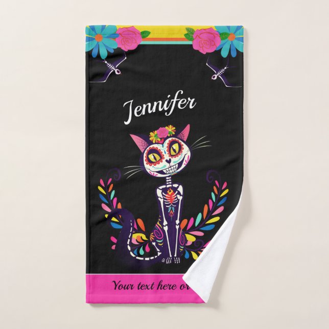 Day of the dead colourful Sugarcat custom text Hand Towel (Hand Towel)