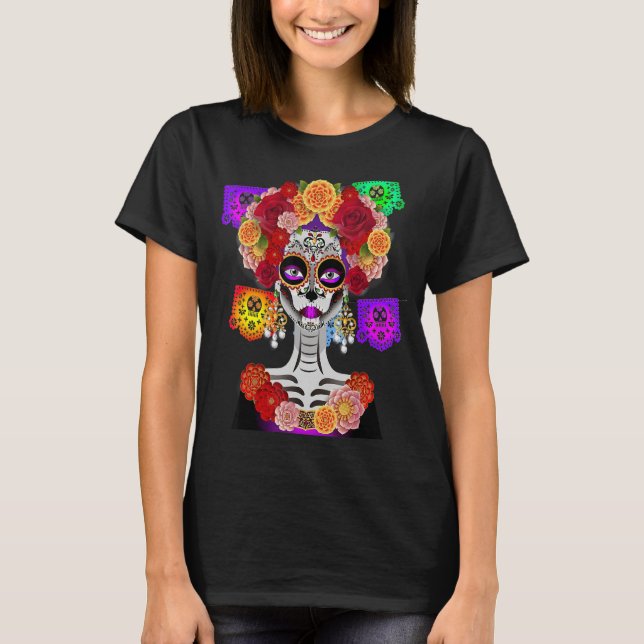 Day of the Dead Costume La Catrina Skull Flowers T-Shirt (Front)