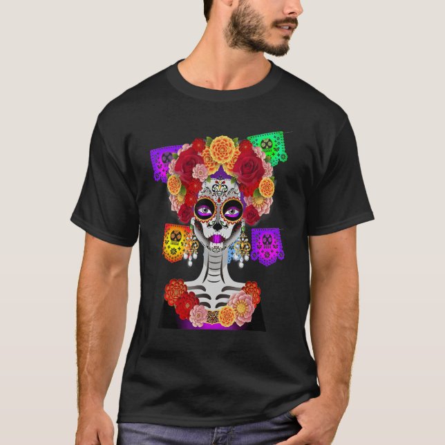 Day of the Dead Costume La Catrina Skull Flowers T-Shirt (Front)