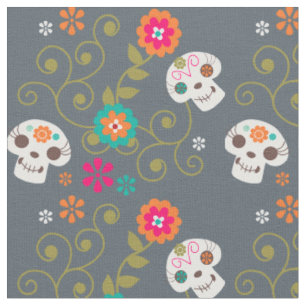 Day of the Dead Cute Skeleton Faces Fabric