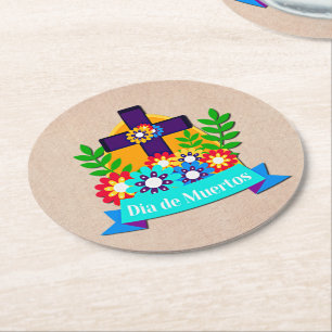 Day of the Dead Daisy Flower Cross  Family Kids  Round Paper Coaster