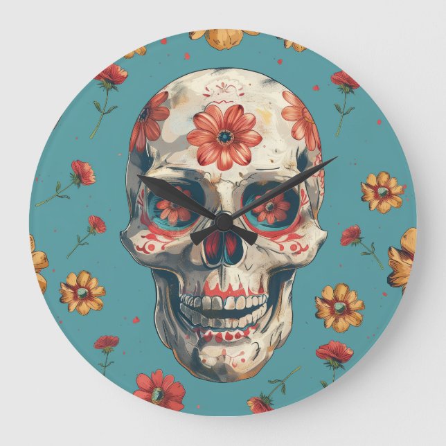 Day of the Dead design with skull and flowers Large Clock (Front)