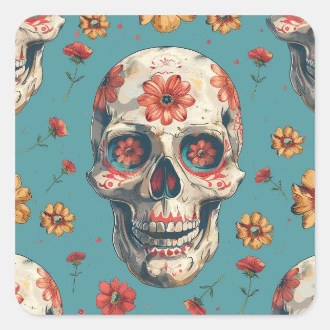 Day of the Dead design with skull and flowers Square Sticker (Front)