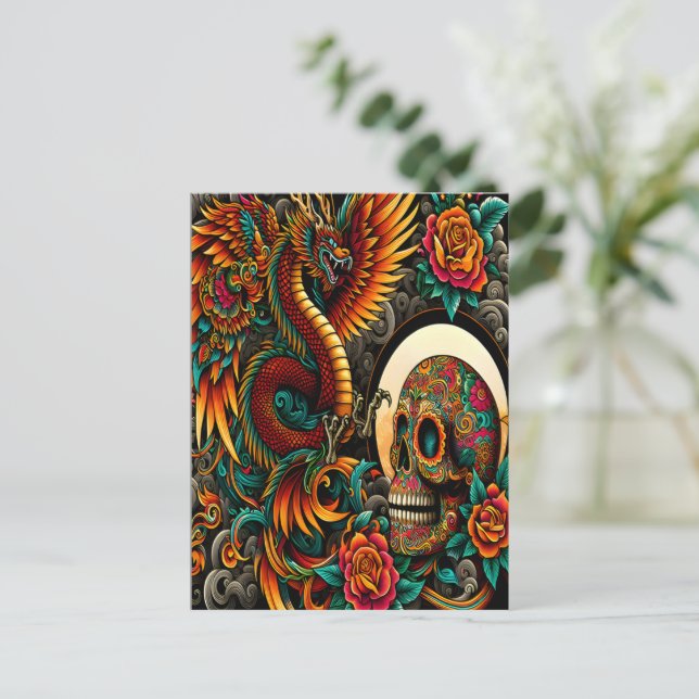 Day Of The Dead Dragon And Skull Postcard (Standing Front)
