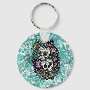 Day of the Dead floral butterfly skulls. Key Ring