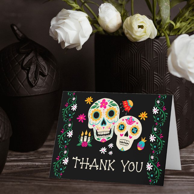 Day of the Dead Floral Sugar Skulls Thank You Card (Day of the Dead thank you card with sugar skulls from my Dia de los Muertos collection)