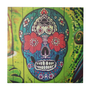 Day of the Dead Funky Blue and Green Sugar Skull Tile