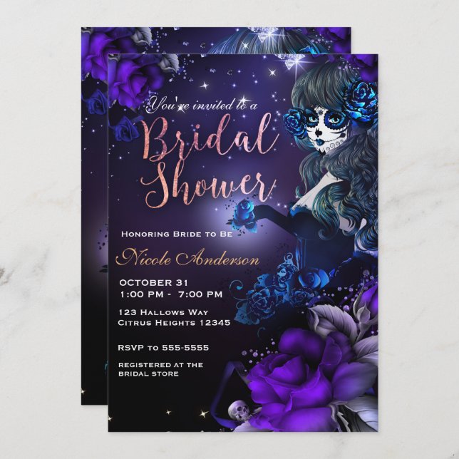 Day of the Dead Girl Purple Blue Bridal Shower Invitation (Front/Back)