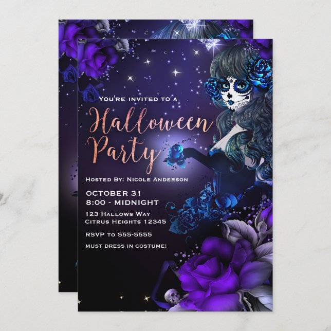 Day of the Dead Girl Purple Blue Halloween Party Invitation (Front/Back)