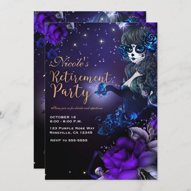Day of the Dead Girl Purple Blue Retirement Party Invitation (Front/Back)