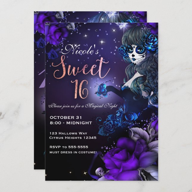 Day of the Dead Girl Purple Blue Sweet 16 Party Invitation (Front/Back)