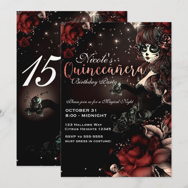 Day of the Dead Girl Red Black Quinceañera Party Invitation (Front/Back)