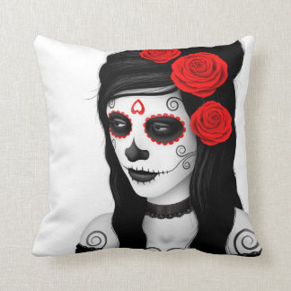 Day of the Dead Girl with Roses White Cushion