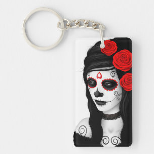 Day of the Dead Girl with Roses White Key Ring