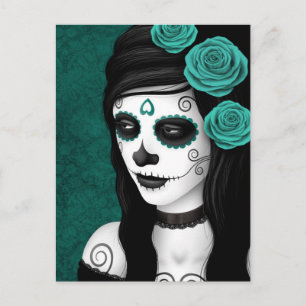Day of the Dead Girl with Teal Blue Roses Postcard