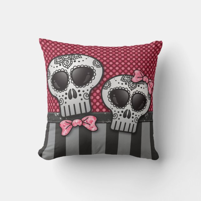 Day of The Dead Glitter Sugar Skulls Pirate Stripe Cushion (Front)