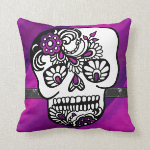 Day of The Dead Glitter Sugar Skulls Pirate Stripe Cushion