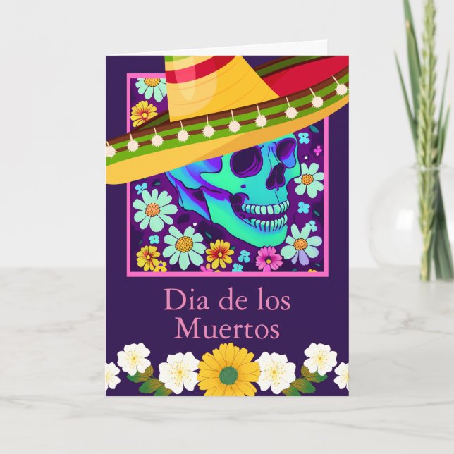 Day of the Dead Greetings Skull Flowers Card (Front)
