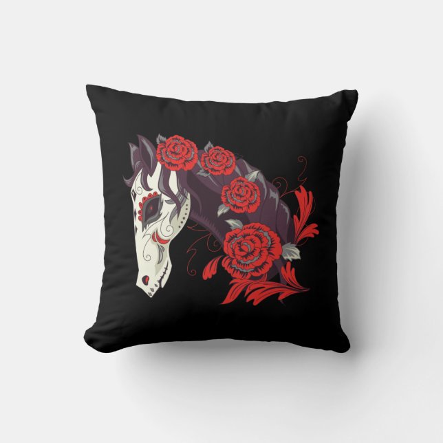 Day of the Dead Horse Skeleton with Red Roses Cushion (Front)
