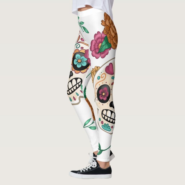 Day of the Dead Large Sugar Skulls & Flowers White Leggings (Left)