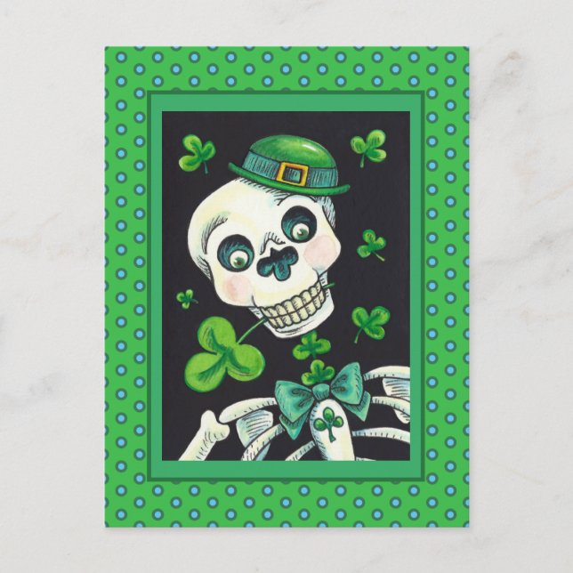 DAY OF THE DEAD LEPRECHAUN, ST. PADDY'S DAY SKULL HOLIDAY POSTCARD (Front)