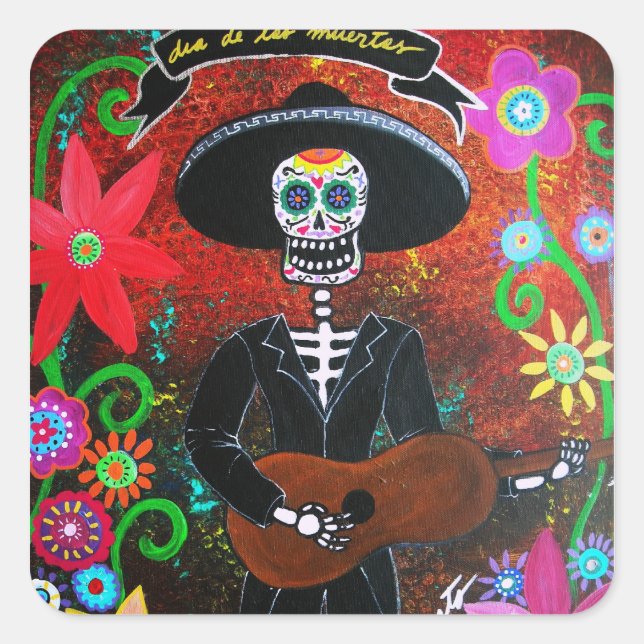 day of the dead mariachi square sticker (Front)