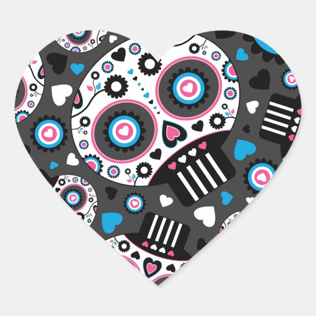 Day of the Dead Mexican Skull Pattern Heart Sticker (Front)
