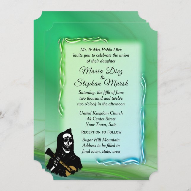 Day of the Dead Misty Green Wedding Invitation (Front/Back)