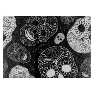 Day of the Dead Mosaic Art Black & White Cutting Board