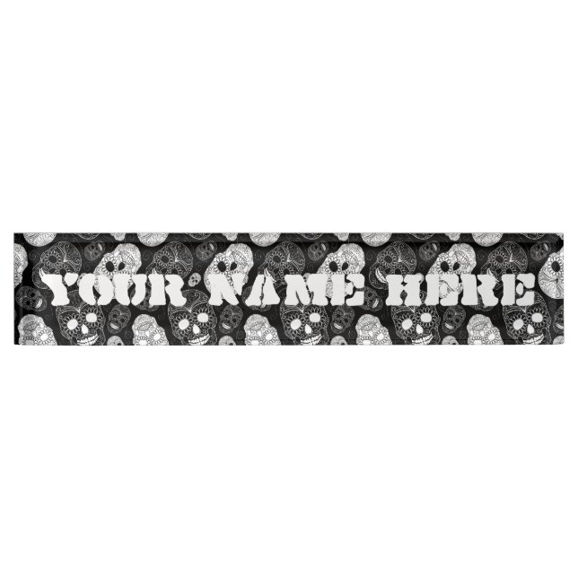 Day of the Dead Mosaic Art Black & White Nameplate (Front)