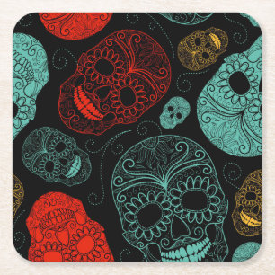 Day of the Dead Mosaic Art Red & Blue Square Paper Coaster