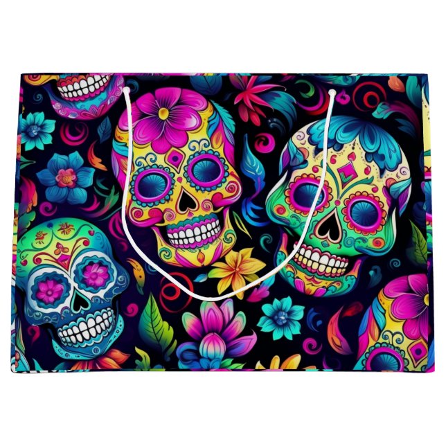Day of the Dead Neon Sugar Skulls Large Gift Bag (Front)
