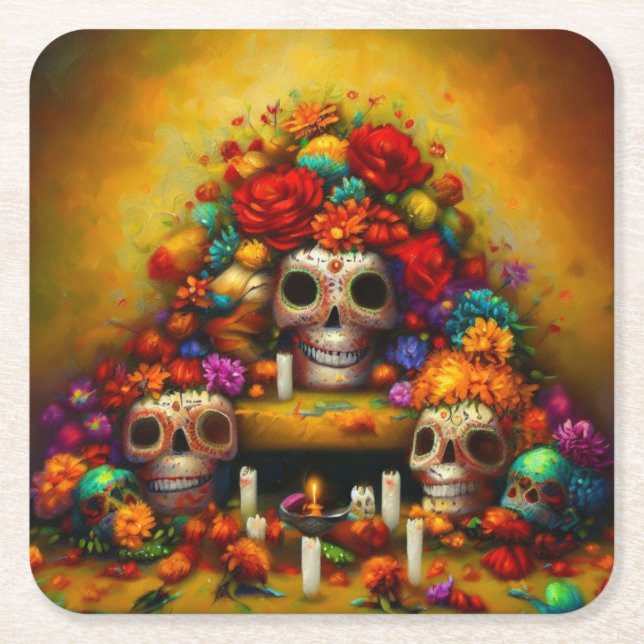 Day of the Dead Offrendas 1 Square Paper Coaster (Front)