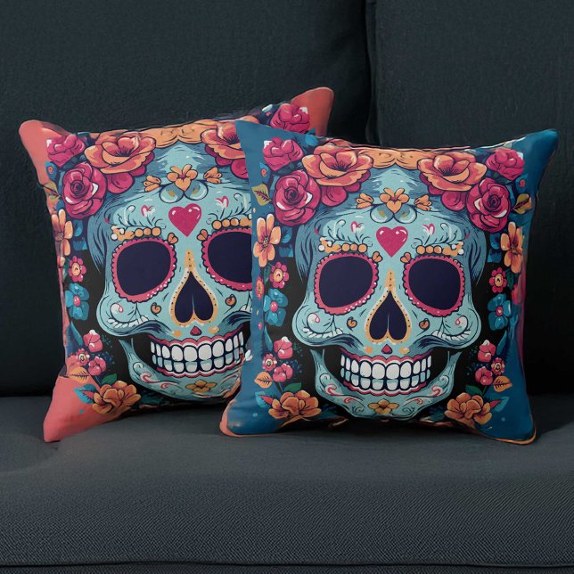 Day of the Dead or Halloween Blue Sugar Skull Cushion (The background color is customizable.  Shown here with teal background on front and orange on back.)
