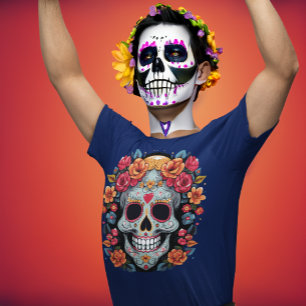 Day of the Dead or Halloween Blue Sugar Skull T-Shirt
