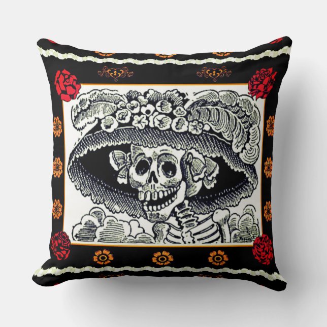 Day of the Dead Pillow - La Catrina with Roses (Front)