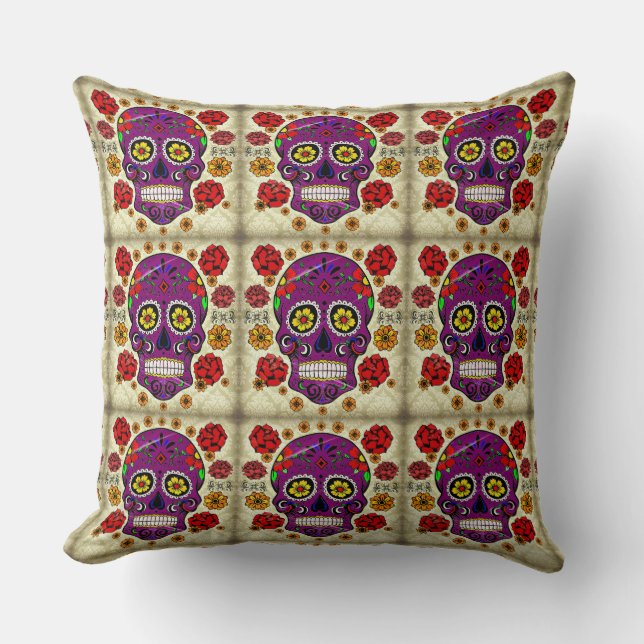 Day of the Dead Pillow Purple Sugar Skull (Front)
