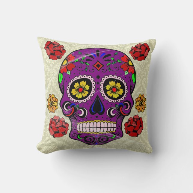 Day of the Dead Pillow Purple Sugar Skull (Front)