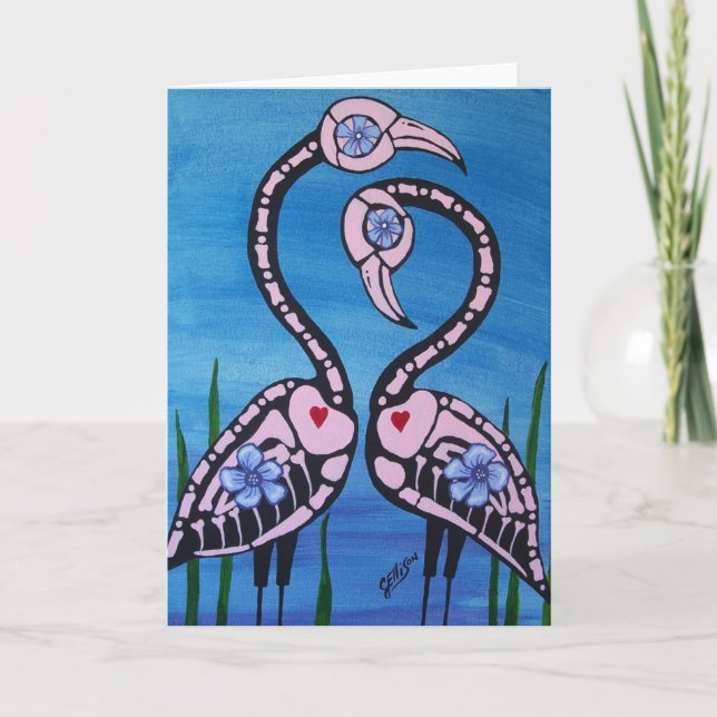 Day of the Dead Pink Flamingo Pair Card (Front)