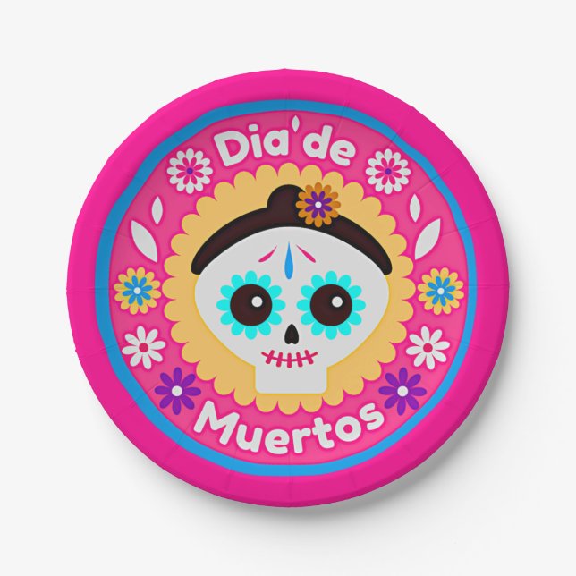 Day of the Dead Pink Lady  - for Family Kids 7" Paper Plate (Front)