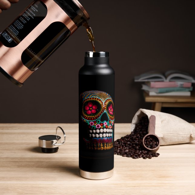 Day of the Dead, Pretty Painted Macabre Skull Water Bottle (Coffee)