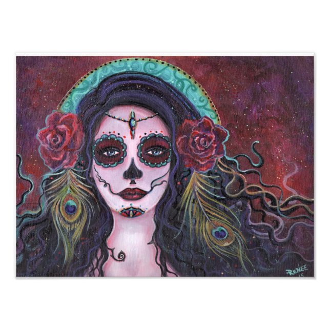 Day of the dead print with peacock feathers (Front)