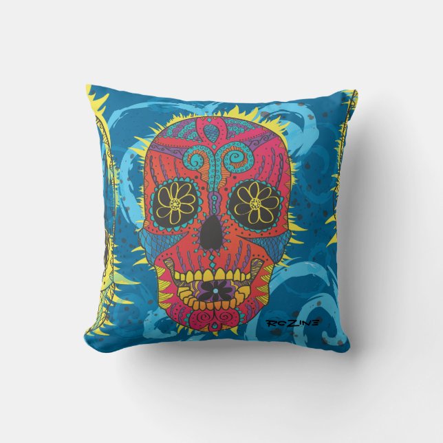 Day of The Dead Rainbow Skull Daisy Tribal Tattoo Cushion (Front)